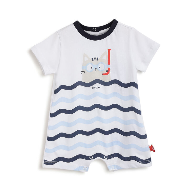 Boys White and Blue Printed Short Sleeve Rompers image number 0
